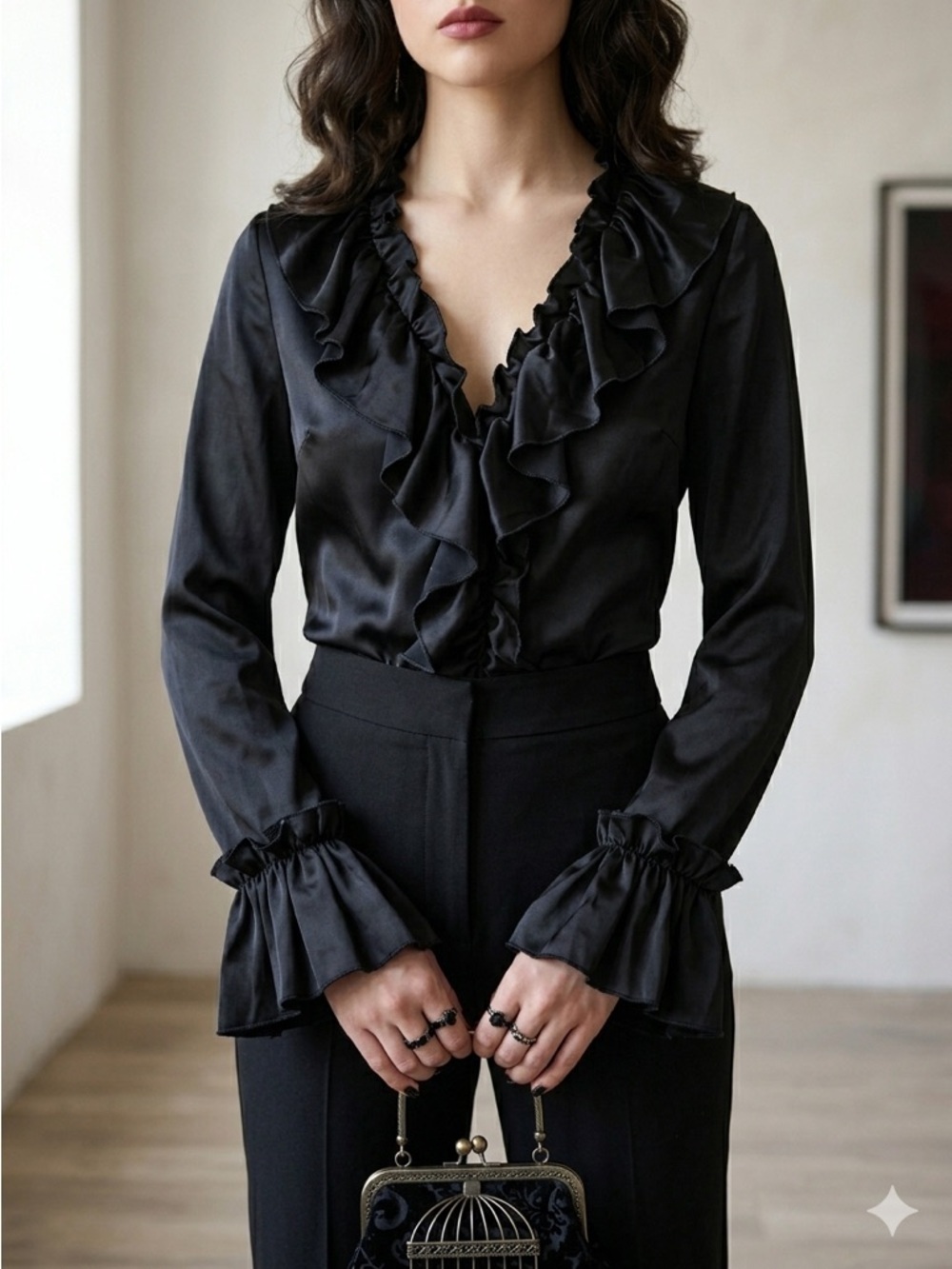 Tory Burch Black Silk Long Sleeve Ruffle Blouse - US 2 (XS)